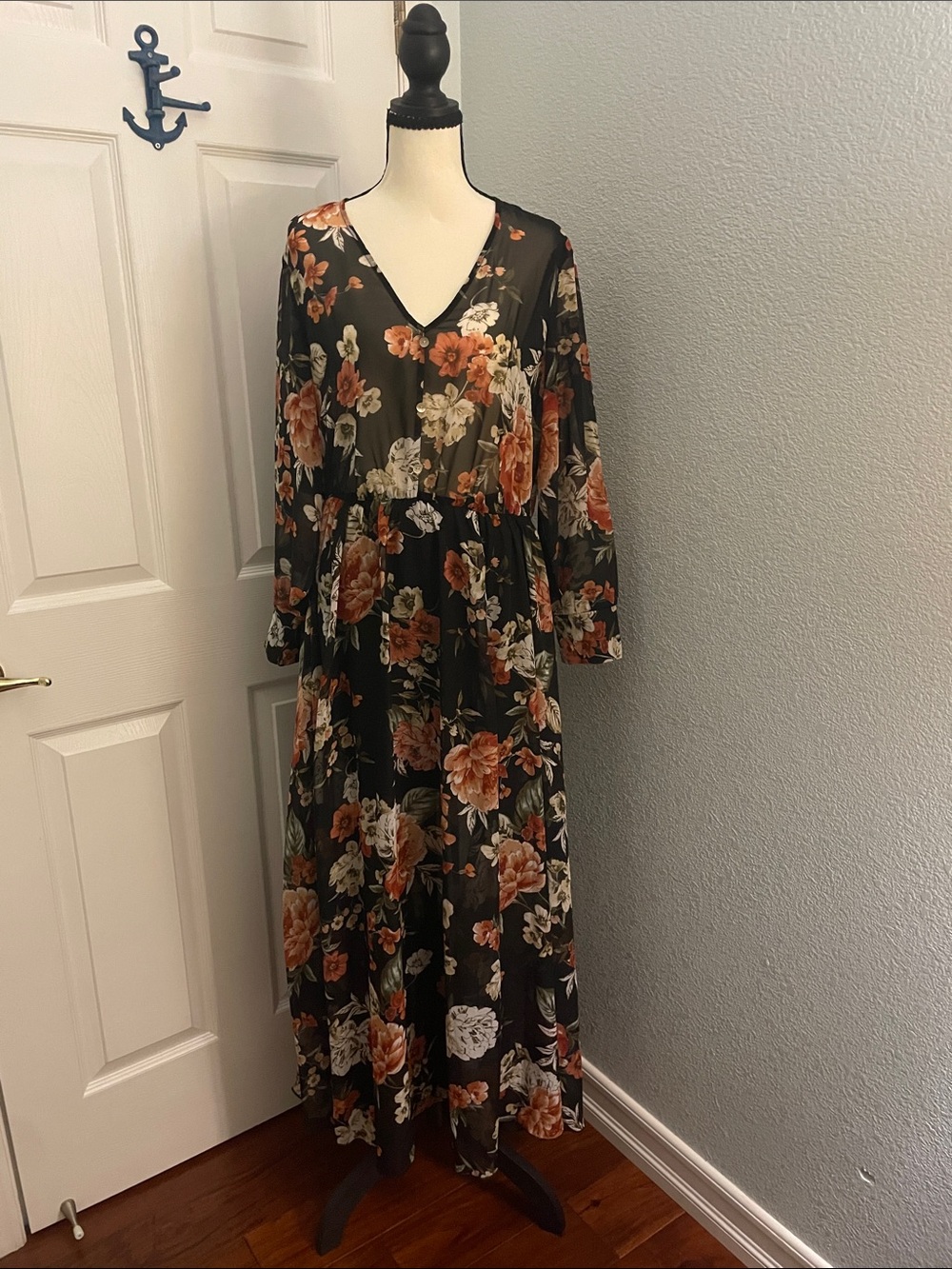 Black Floral Long Sleeve Maxi Dress with Peach Blooms